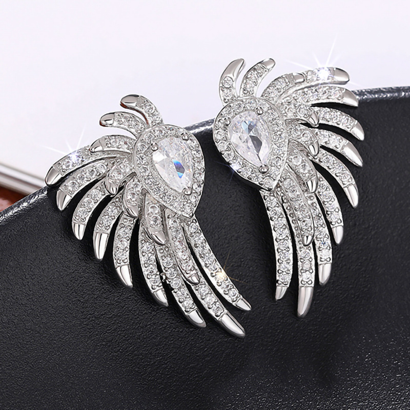 Micro-inlaid angel wings earrings Japanese and Korean style all-match high-end luxury earrings luxury feather earrings