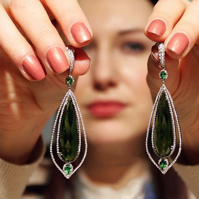 Luxury palace style emerald diamond zircon earrings European and American creative hollow water drop exaggerated earrings for women