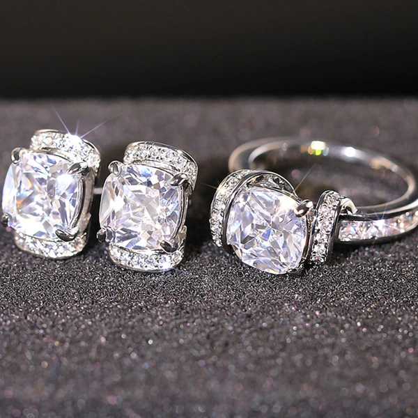  Sugar cube simulation princess ring high-end temperament ring earrings fashionable asymmetrical ring earrings set