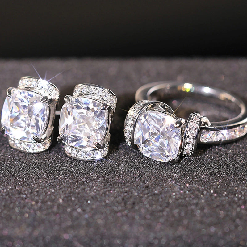  Sugar cube simulation princess ring high-end temperament ring earrings fashionable asymmetrical ring earrings set