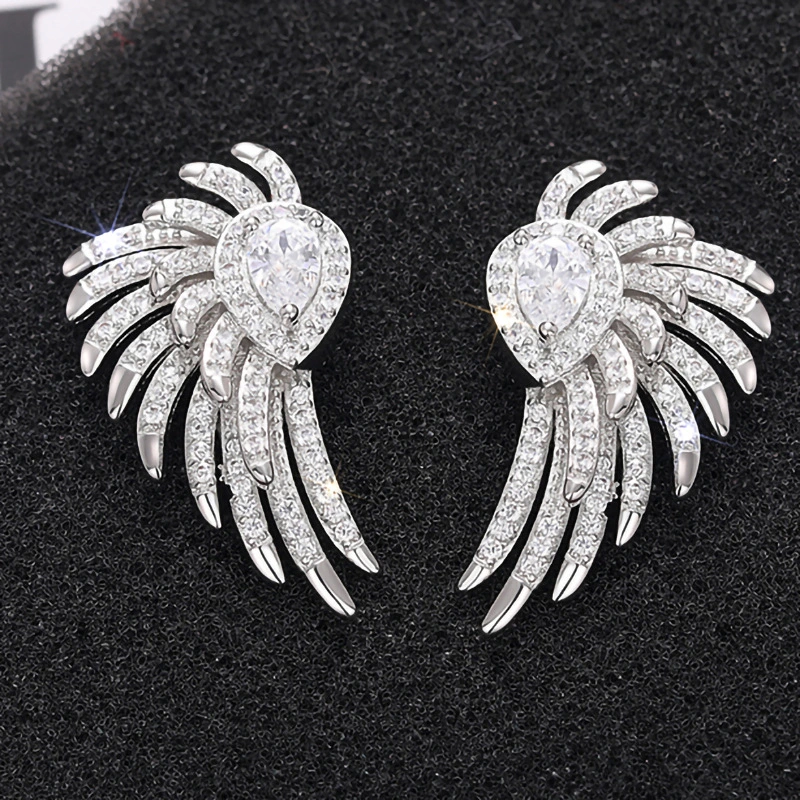 Micro-inlaid angel wings earrings Japanese and Korean style all-match high-end luxury earrings luxury feather earrings