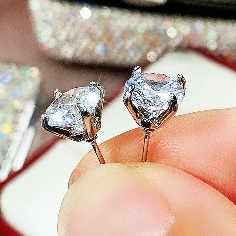 European and American hot-selling earrings classic four-claw round diamond zircon earrings for women simple and versatile single diamond earrings