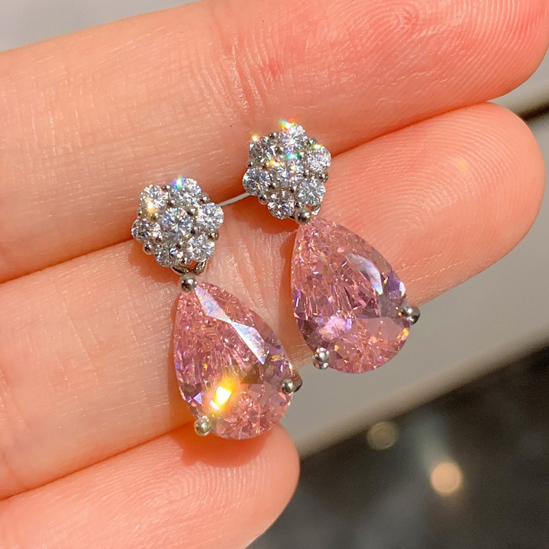 New European and American French earrings, exquisite, fashionable and elegant pink teardrop earrings, Japanese and Korean personality and shiny style