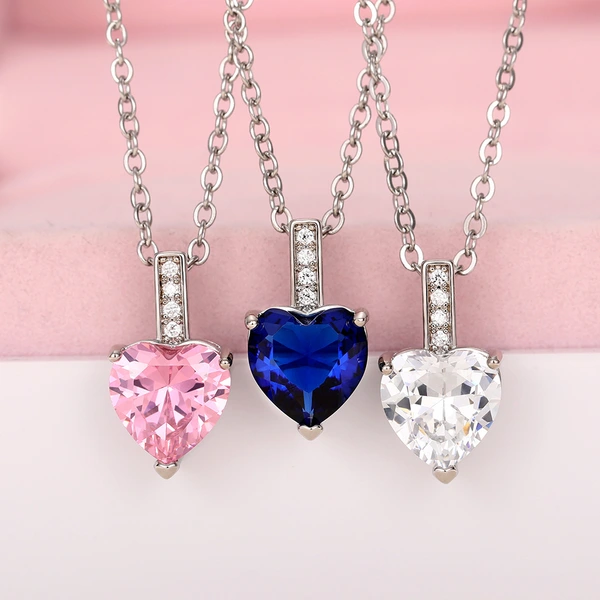 Hot selling European and American colored gemstone heart-shaped zircon necklace fashion love pendant O-shaped chain necklace