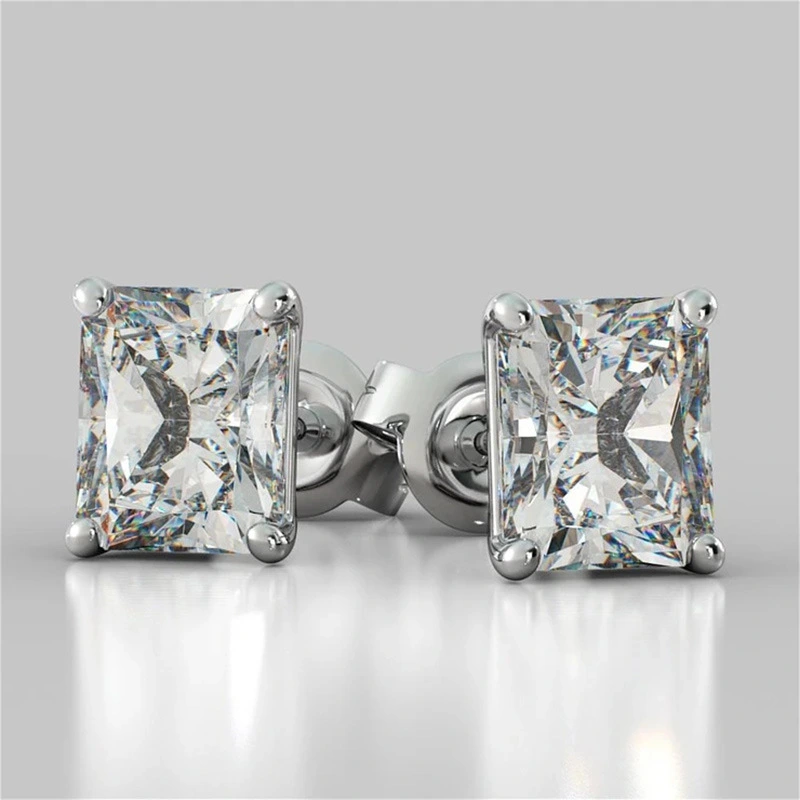 2021 new earrings classic four-claw square diamond zircon earrings copper plated white gold simple earrings