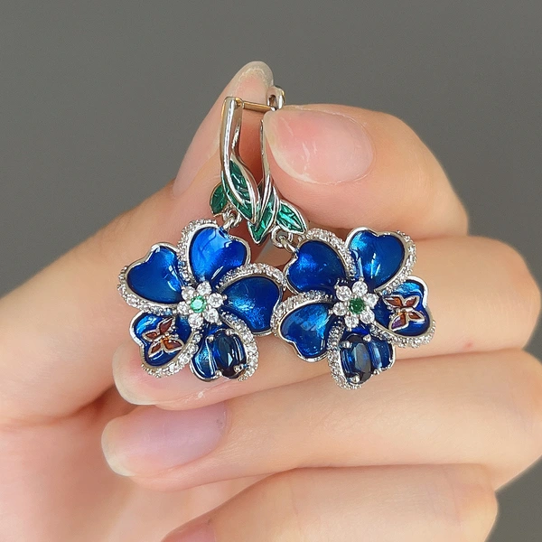 European and American hot selling blue enamel pendant earrings butterfly drop glue flower diamond earrings creative floral earrings