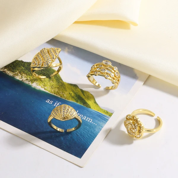 AS jewelry copper plated real gold flower shell full of zircon open ring ring rij49 ring