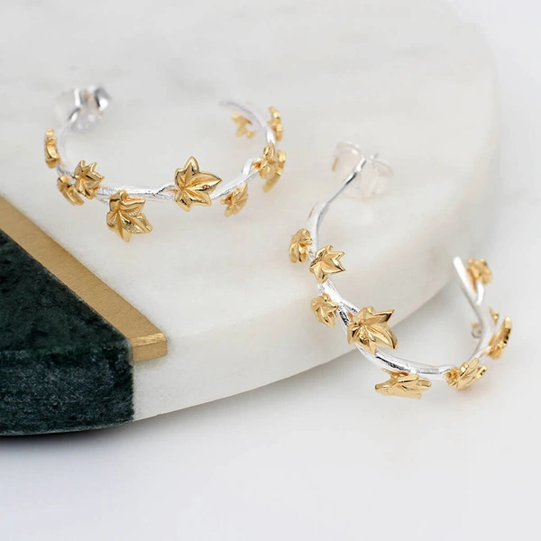  European and American retro C-shaped large earrings retro temperament metal branch flower earrings two-color maple ear