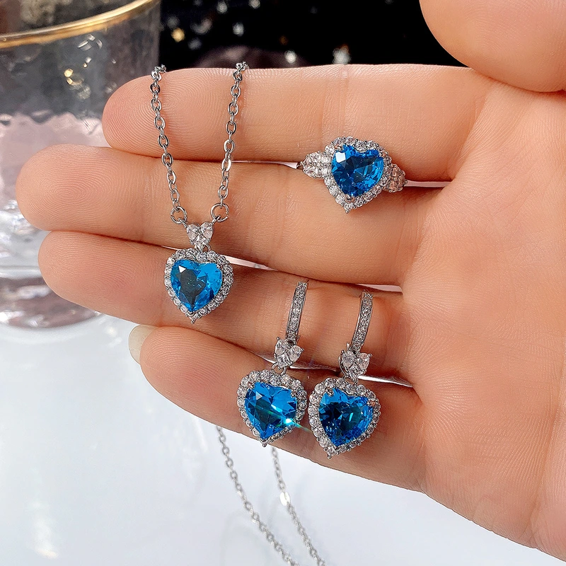 Live broadcast of the new trend of topaz blue zircon ocean heart-shaped pendant ring earrings set for women