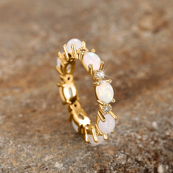 Popular bridal small oval ring imitation white fire opal stacking ring full circle design