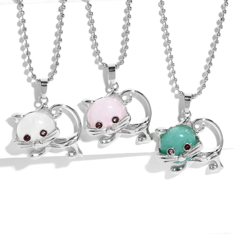 European and American personality retro inlaid turquoise malachite cat pendant necklace female crystal agate accessories wholesale nkb580