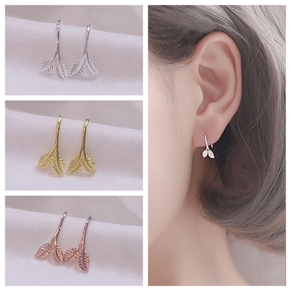  Forest style literary leaf earrings small fresh temperament sprouting young leaf ear hook Korean personality student ear clip