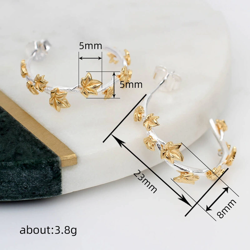  European and American retro C-shaped large earrings retro temperament metal branch flower earrings two-color maple ear