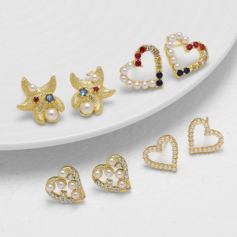 AS jewelry new pearl starfish love earrings copper plated 18k gold micro inlaid zircon earrings earrings ery63