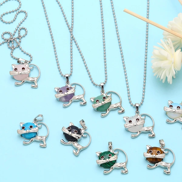 European and American personality retro inlaid turquoise malachite cat pendant necklace female crystal agate accessories wholesale nkb580
