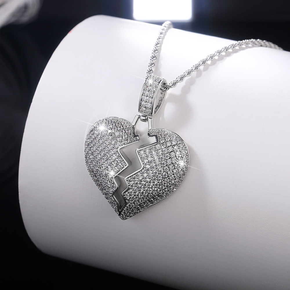 European and American popular jewelry light luxury style broken heart pendant necklace full of diamonds and zircon love necklace