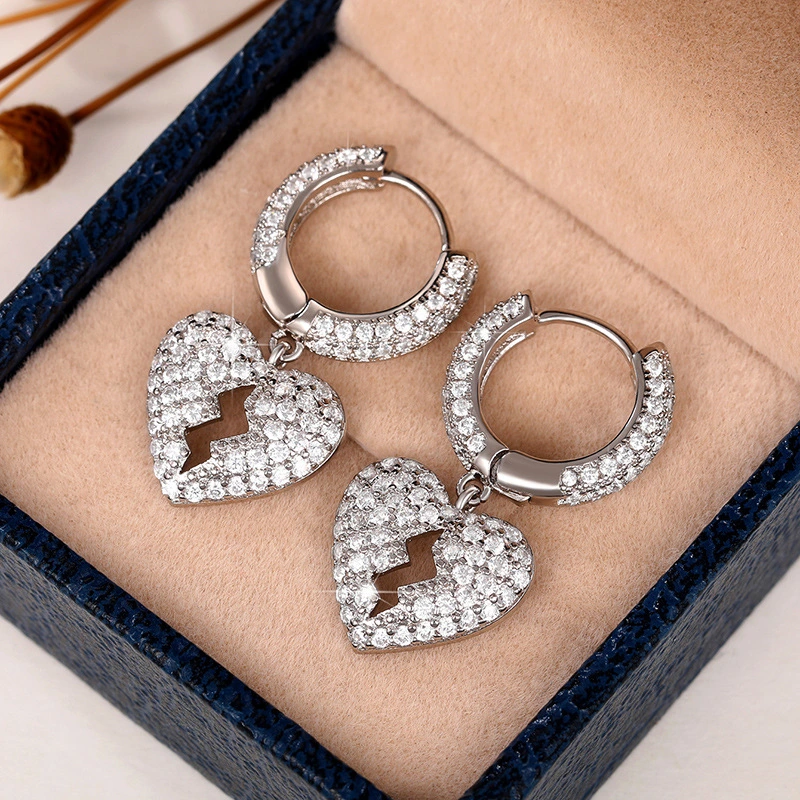 Hot selling hiphop hip-hop full zircon heartbreak earrings personality earrings for men and women
