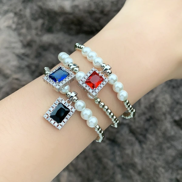 Clearance vintage silver round bead elastic bracelet bracelet European and American fashion personality square zircon pendant bracelet brk38
