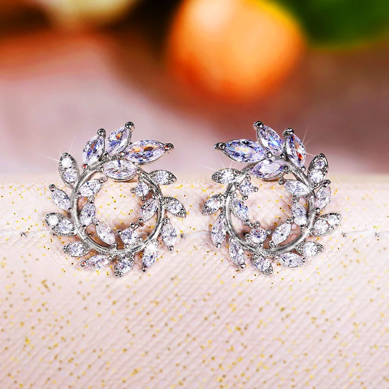 Live streaming celebrity hot-selling earrings, luxurious full diamond micro-inlaid leaf olive branch earrings, factory wholesale