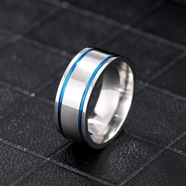  Sweet and cool simple stainless steel ring with blue embellishment line design, fashionable and cool style, popular online celebrity style