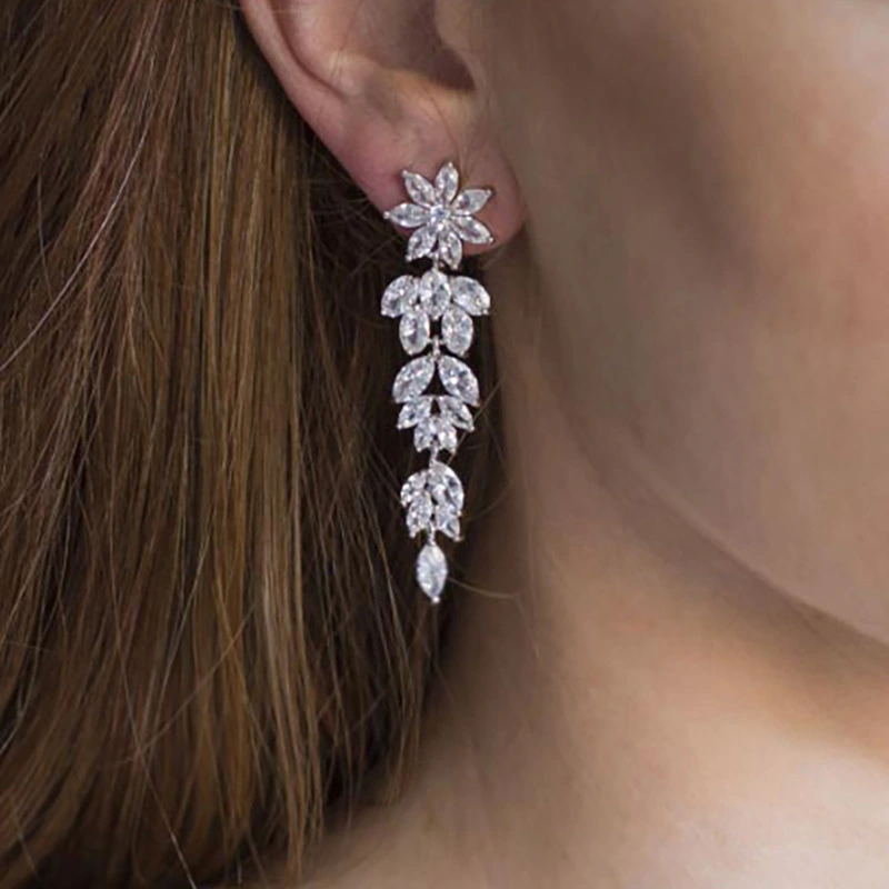 New fashion luxury temperament shining earrings long elegant floral flower earrings tree leaf earrings