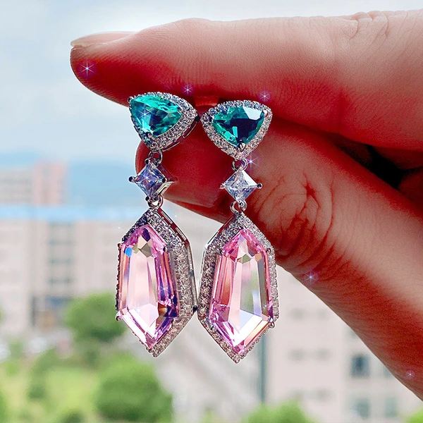 New 3A zircon pink element imitation crystal earrings simple temperament long women's earrings