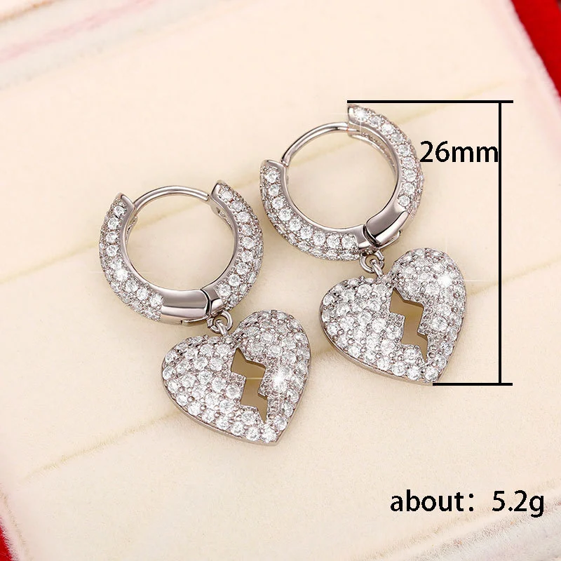Hot selling hiphop hip-hop full zircon heartbreak earrings personality earrings for men and women