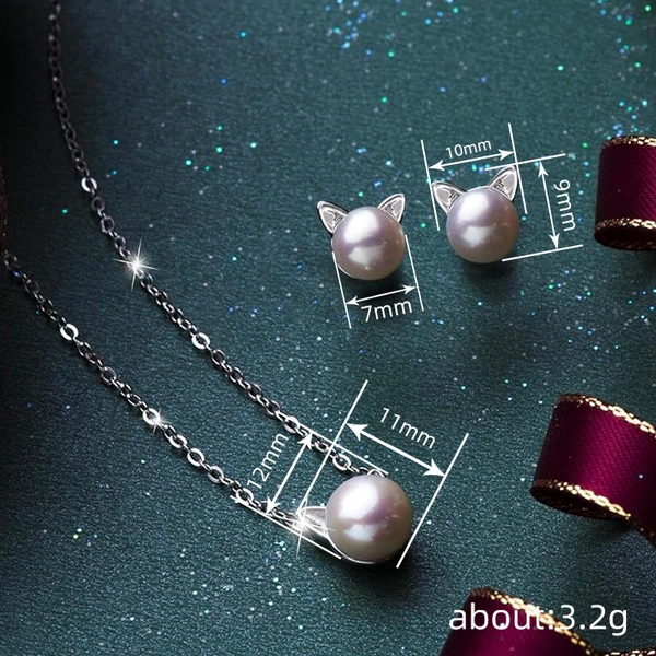  Korean version of the lady lady kitten ear jewelry necklace earrings jewelry set cute imitation pearl earrings