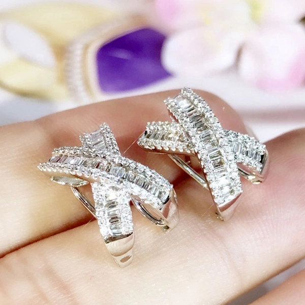 Light luxury style cross trapezoidal square diamond earrings sweet bow earrings for women casual versatile earrings wholesale