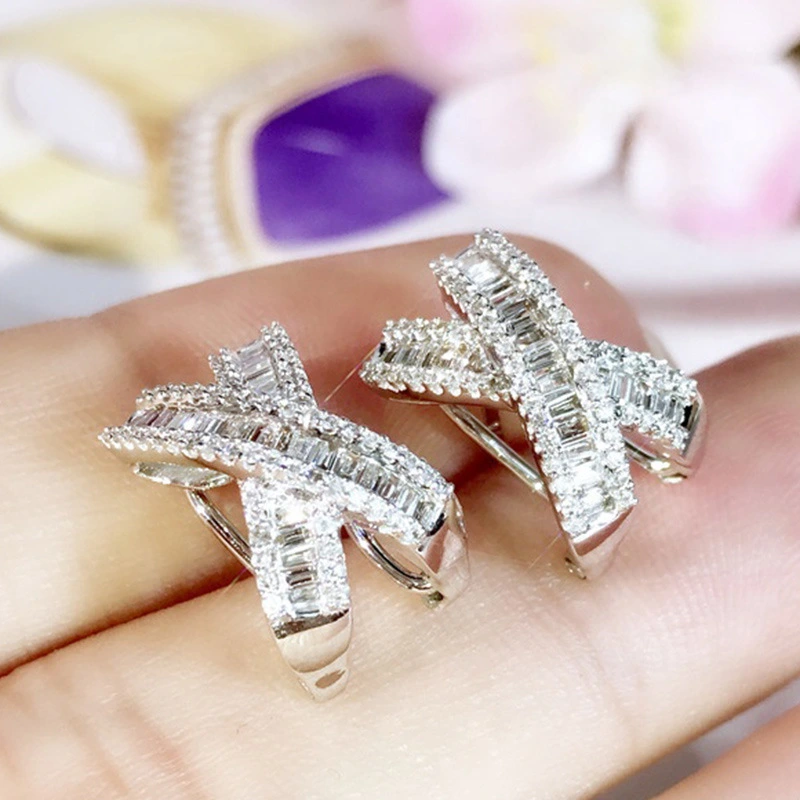 Light luxury style cross trapezoidal square diamond earrings sweet bow earrings for women casual versatile earrings wholesale