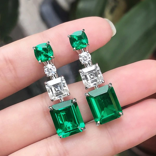 2024 European and American new earrings light luxury emerald cut zircon earrings female internet celebrity style personality earrings