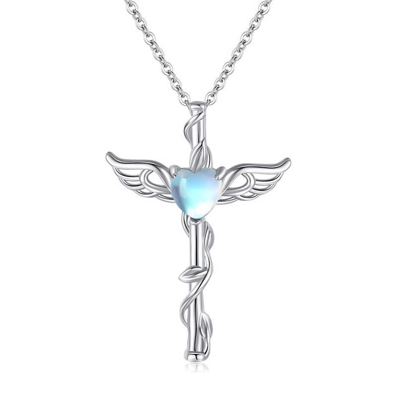  Glossy niche design necklace Internet celebrity style love wings design jewelry sweet and cool imitation moonstone style