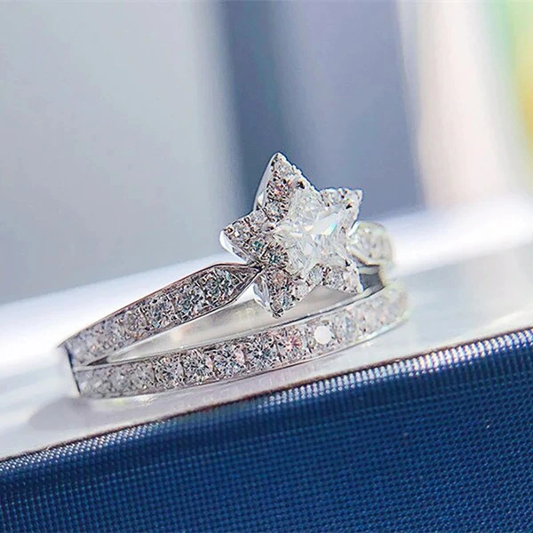  Micro-inlaid zircon star ring exquisite sweet fashion star-shaped ring double layer girl matching jewelry