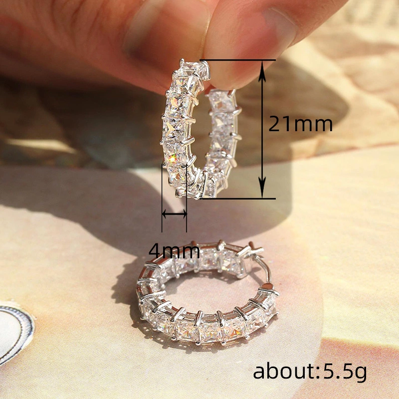 European and American fashion micro-inlaid square super shiny zircon earrings light luxury temperament circle earrings women's versatile earrings