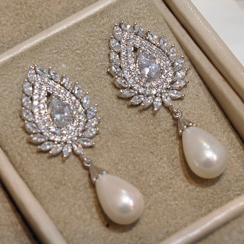 Light luxury celebrity style wedding earrings Seiko luxury full inlaid zircon earrings women imitation pearl bridal earrings