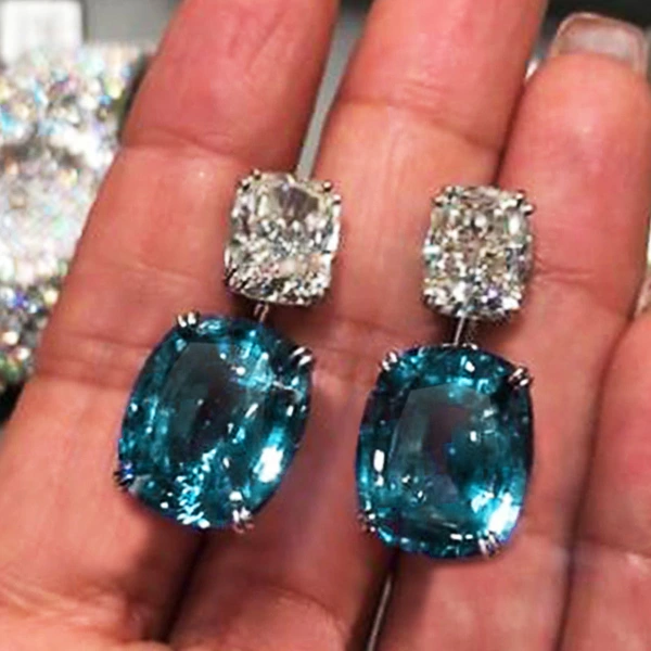 New earrings, oversized fat square diamond zircon earrings for women, exquisite peacock blue crystal earrings