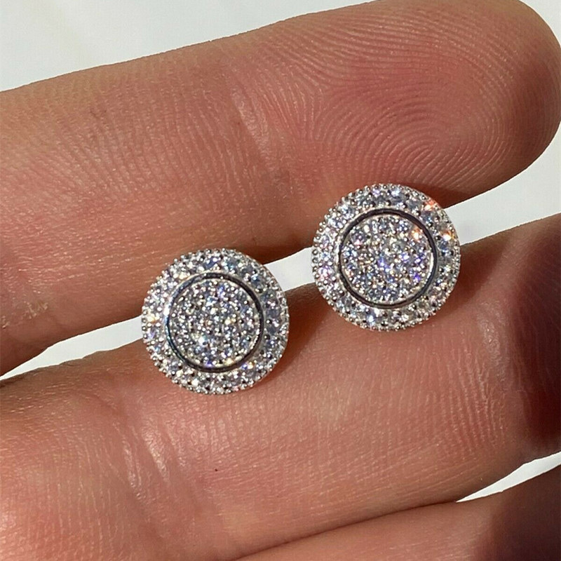 Hip-hop zircon round earrings high-end trend men and women simple versatile net celebrity earrings temperament classic earrings