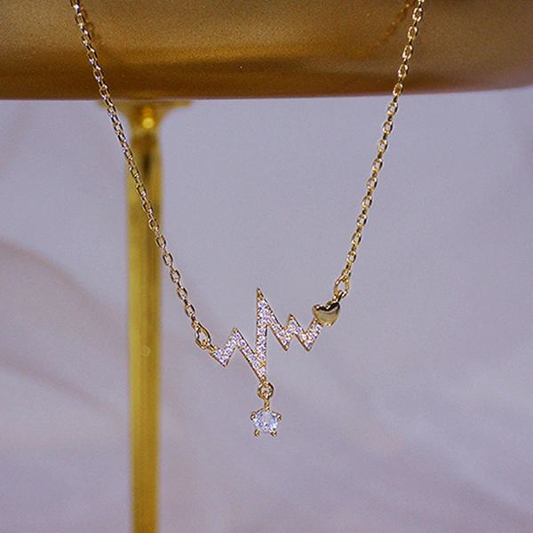 New Japanese and Korean jewelry, light luxury style, niche design, electrocardiogram necklace, diamond-studded wave heartbeat clavicle chain