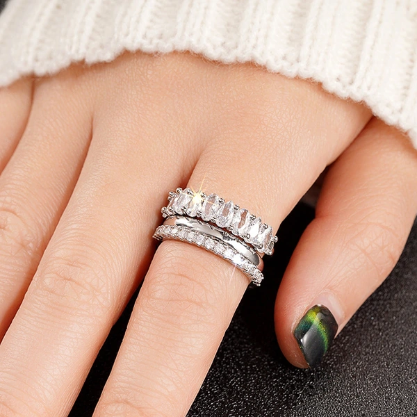 European and American light luxury zircon ring three-piece set wedding banquet dress jewelry fashion geometric design ring