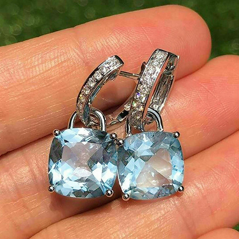 New earrings inlaid with light blue fat square zircon earrings Valentine's Day gift earrings wholesale