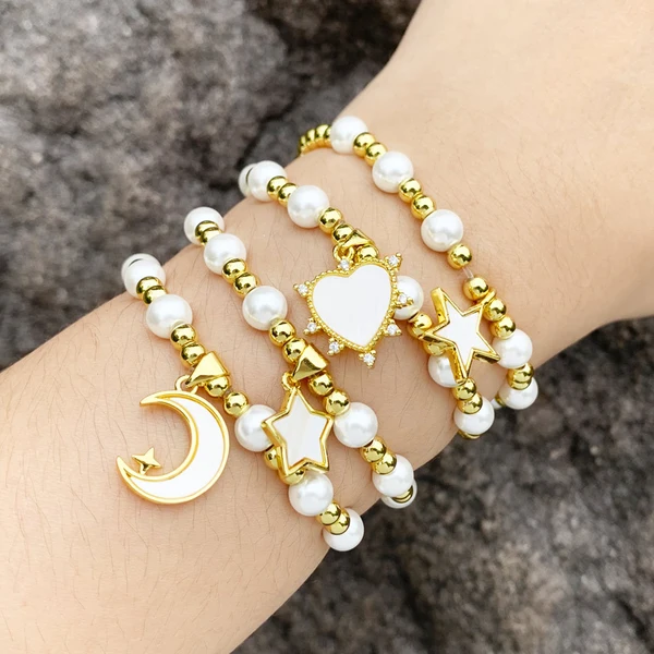 European and American niche pearl beaded bracelet style fashion French light star moon star love pendant bracelet brj80