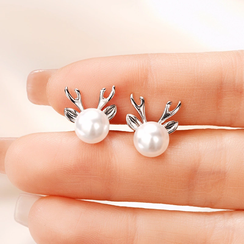  Cute Imitation Pearl Lady Antler Earrings Women Fashionable and Popular Earrings Christmas Matching Jewelry Gift