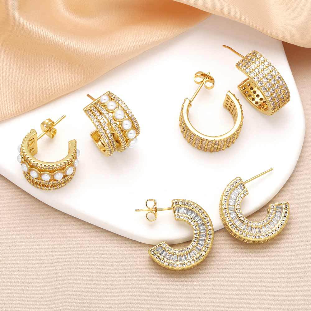 AS Jewelry Hot Sale C-Shaped Wide Earrings for Women Gold-Plated Zircon Pearl Stud Earrings era352