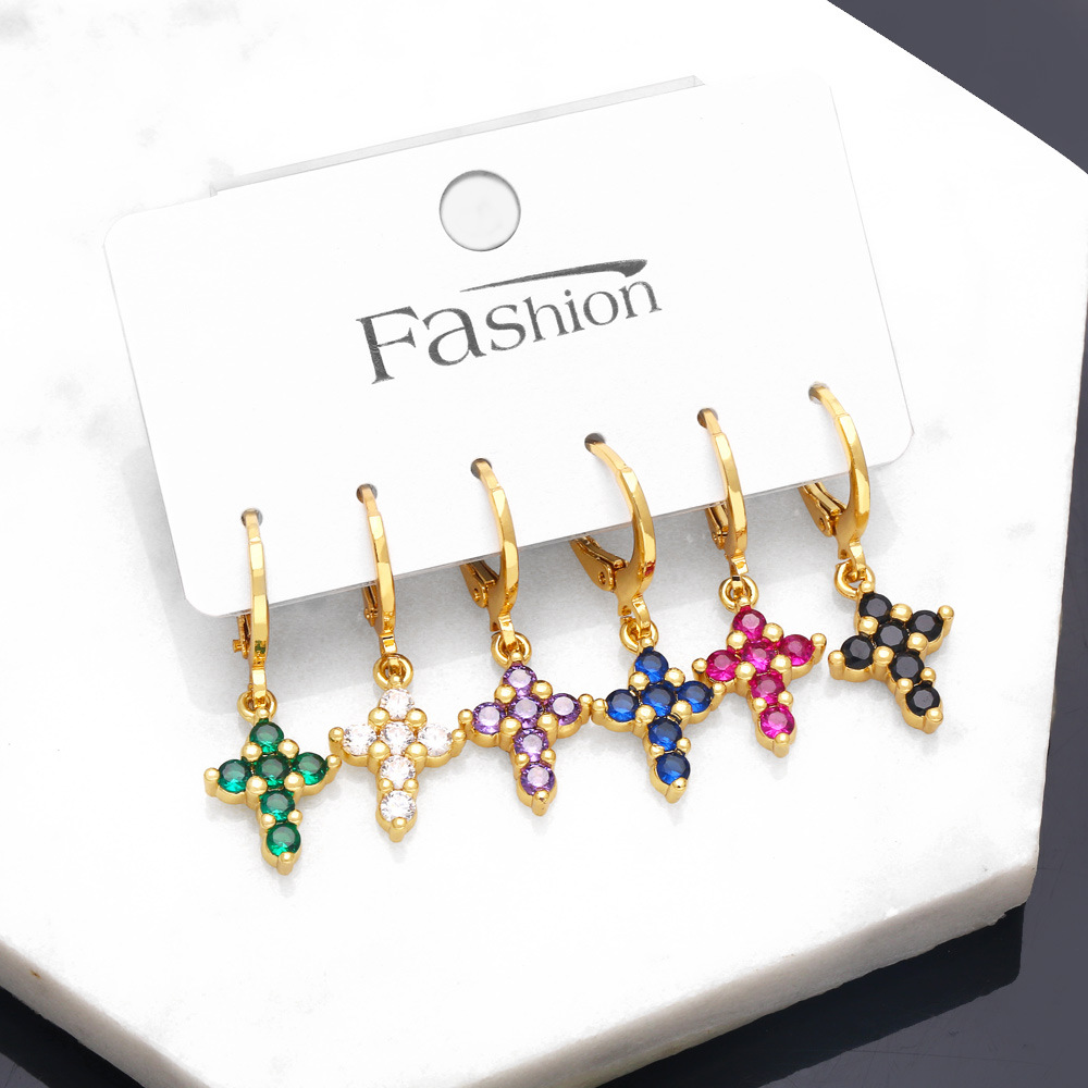 Clearance sale hot sale six-piece cross earring set European and American micro-inlaid colored zircon earrings era155