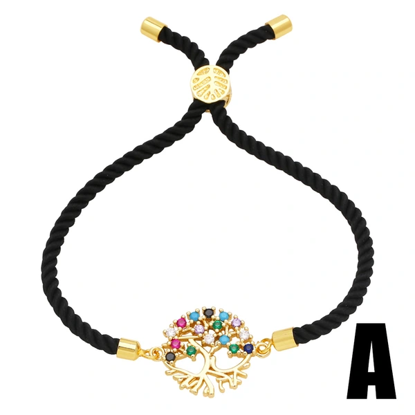 European and American fashion black rope bracelet men and women niche high-end tree of life inlaid zircon hand jewelry brm55