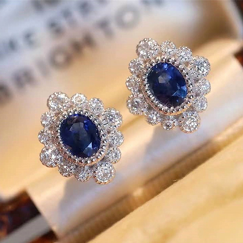 Live streaming style internet celebrity retro earrings new diamond sapphire zircon flower-shaped earrings for women