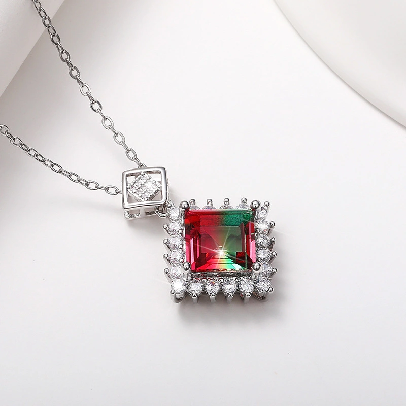 New pendant luxury geometric diamond colored gemstone necklace simulation tourmaline colored zircon clavicle chain