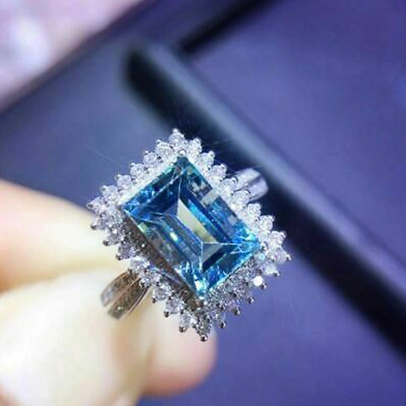 Hot selling luxury square full diamond inlaid sea blue zircon ring luxury bridal ring