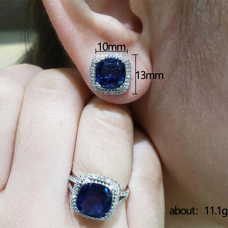 European and American style jewelry set fashionable square royal blue glass series accessories luxurious and elegant jewelry