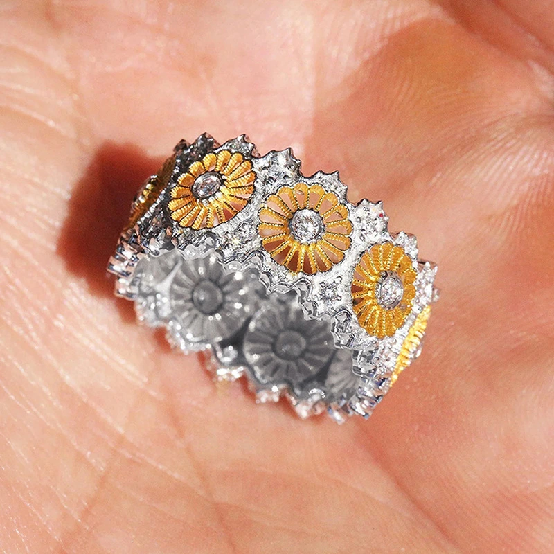  European and American hot-selling floral geometric rings, pastoral temperament, elegant rings for women, two-color, fresh and popular jewelry